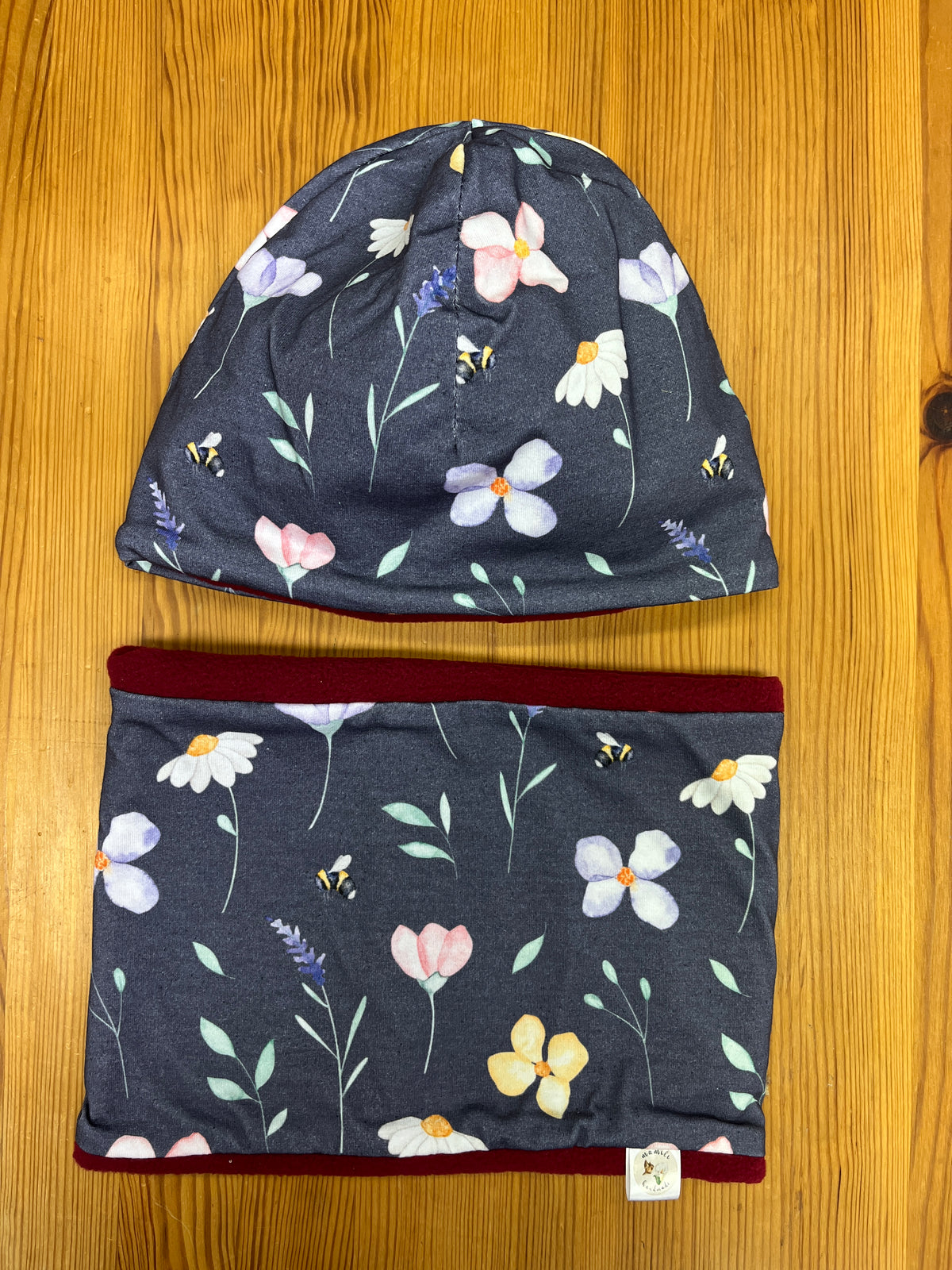 Mütze und Loop Blumen navy | warm gefüttert | Gr. KU 54/55