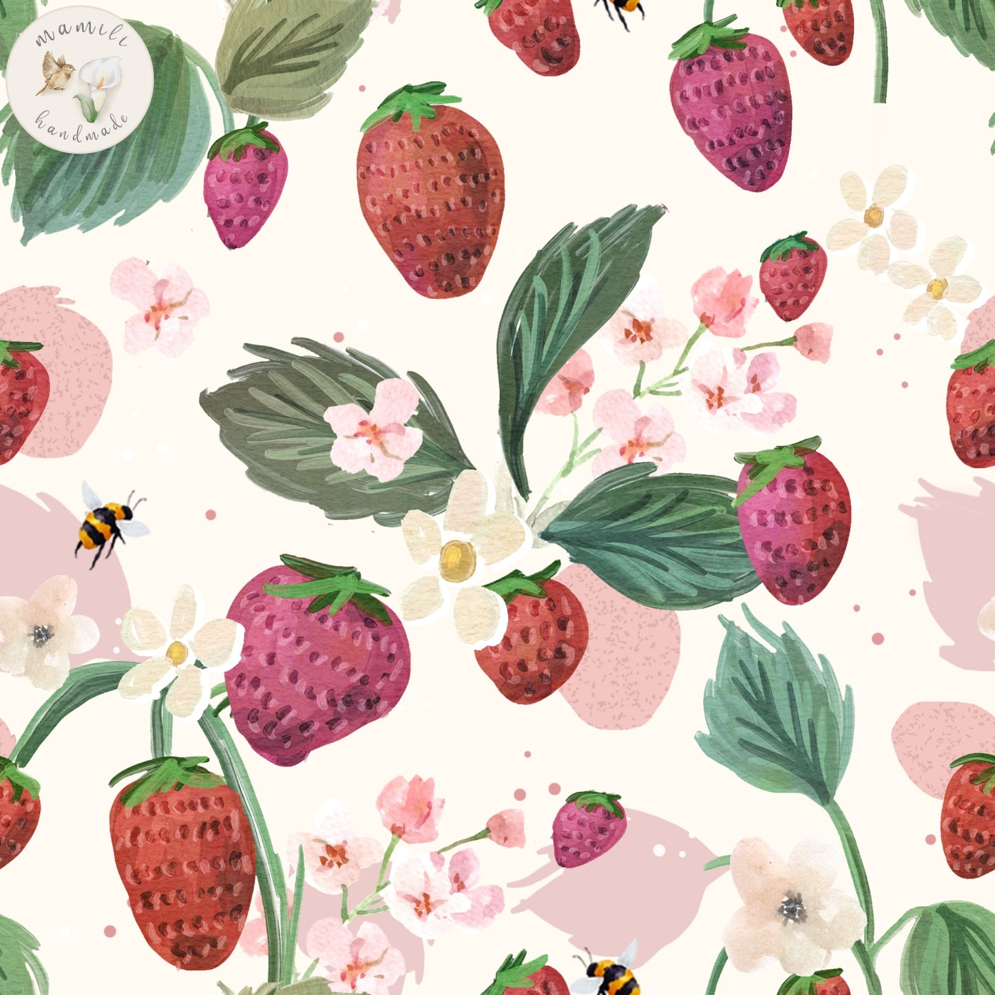 Motivstoff Erdbeeren handgezeichnet.