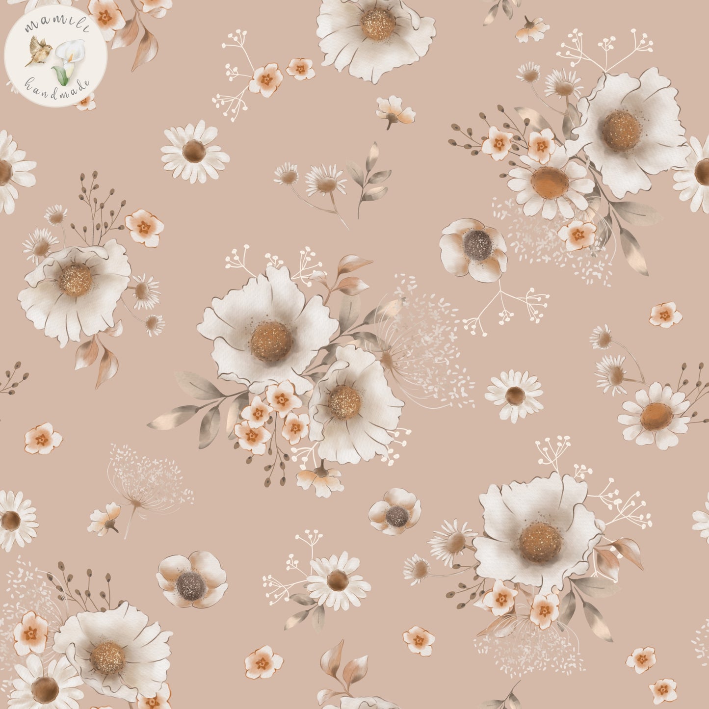 Biostoff mit Blumen auf taupe Hintergrund.