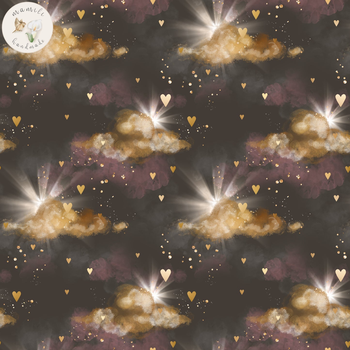 Biostoff mit Mond hinter Wolken Motiv. Viele kleine Herzen. Schwarzer Hintergrund.