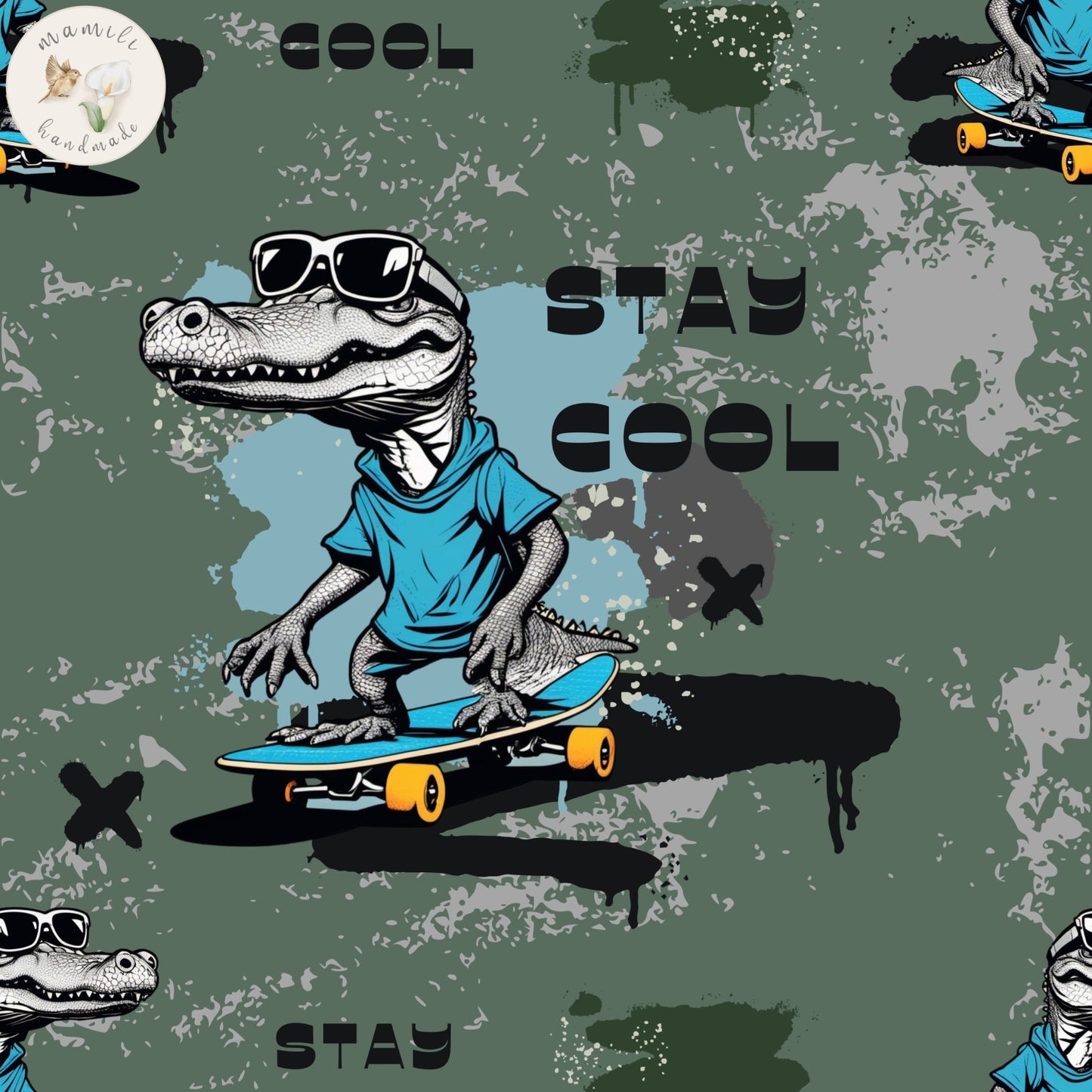 Biostoff Krokodil auf Skateboard Hintergrund grün blau.