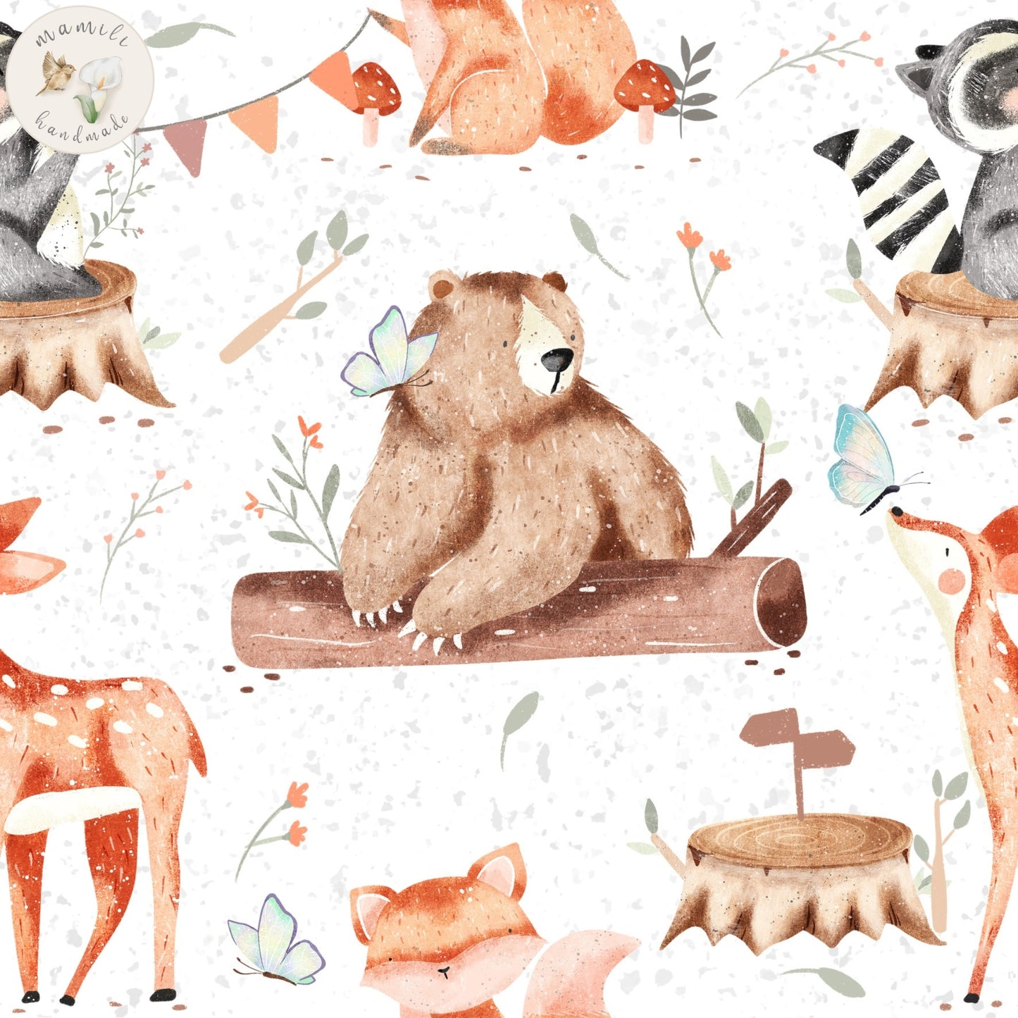 Biostoff Waldtiere handgezeichnet auf weißem Hintergrund.