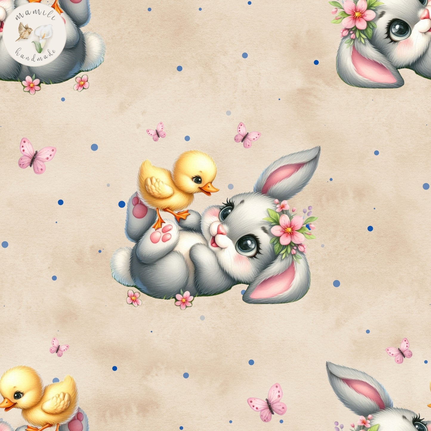 Motivstoff Hase mit Ente auf beigen Hintergrund.