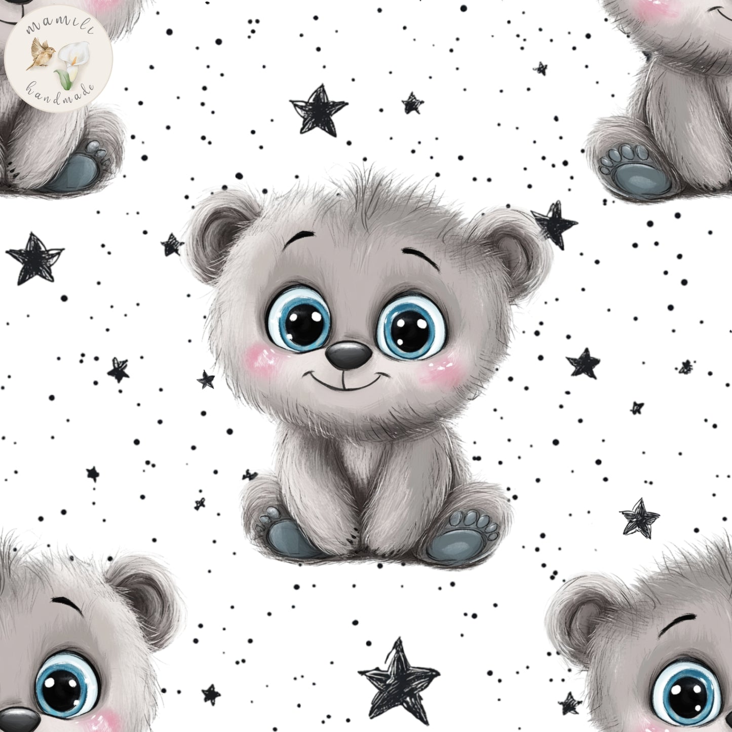 Biostoff Bär mit Sternen und weißem Hintergrund.