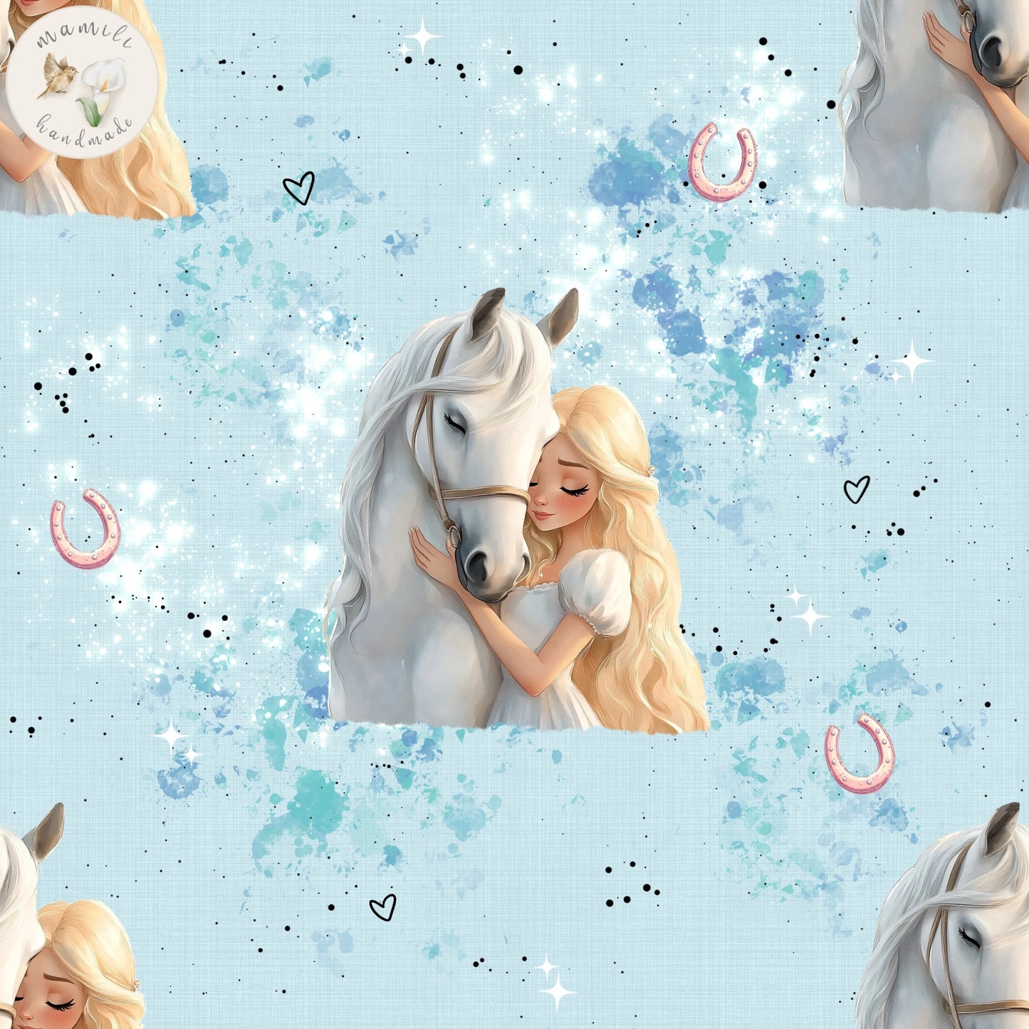 Motivstoff Prinzessin mit Pferd auf blauem Hintergrund.