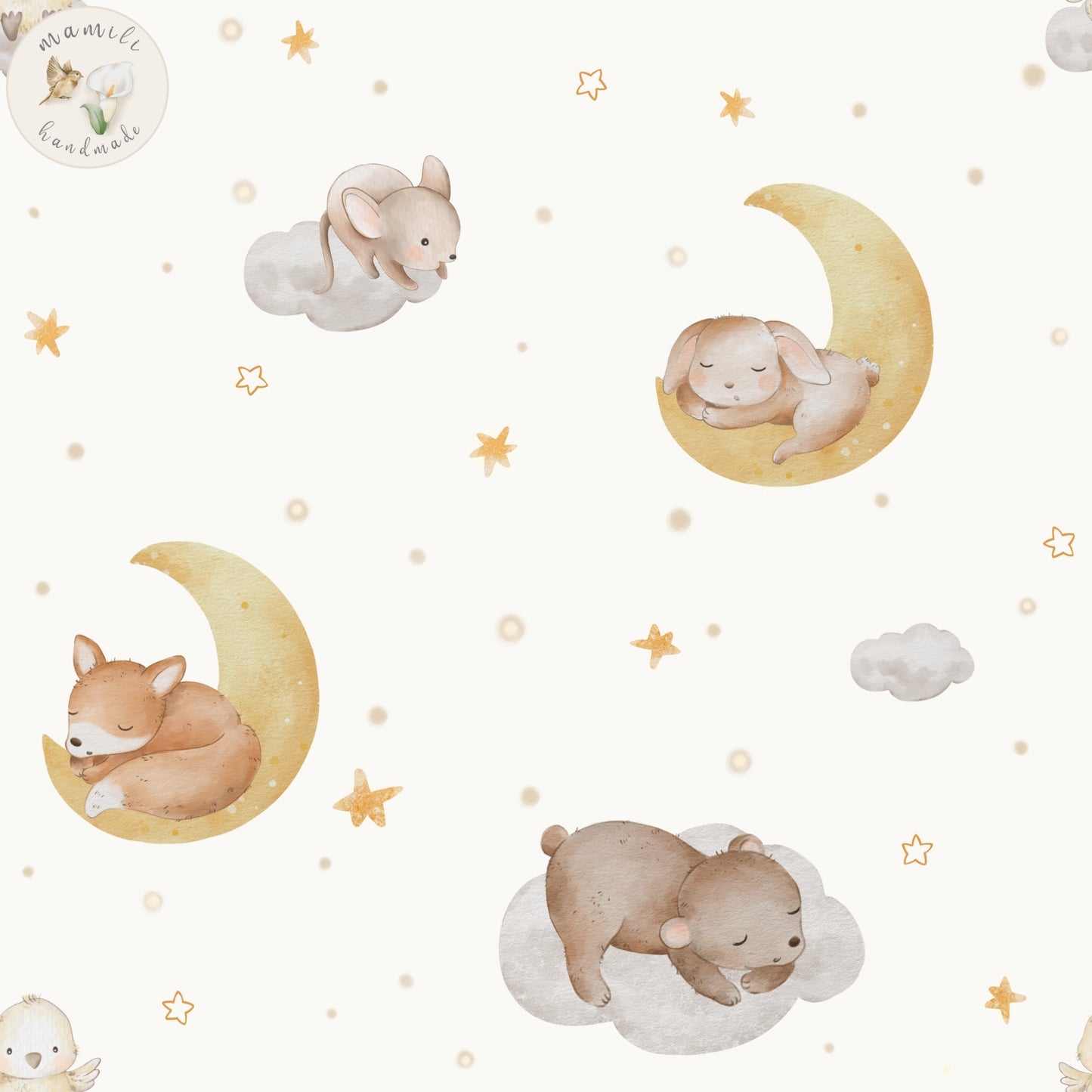 Stoff schlafende Tiere auf Mond und Wolken.