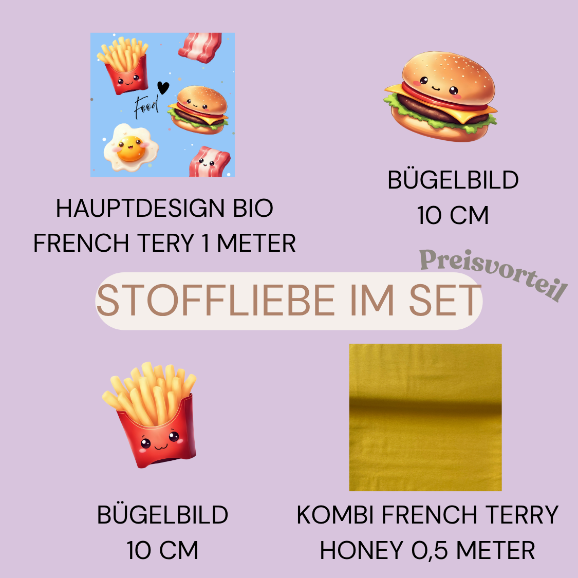Jersey, French Terry Food (Bio) Pommes und Hamburger + 12 weitere Stoffarten