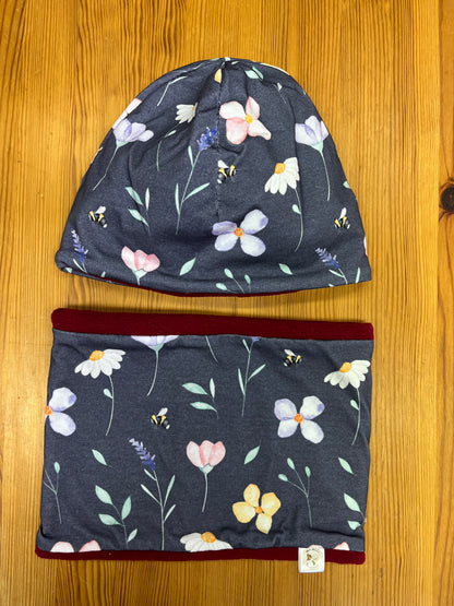 Mütze und Loop Blumen navy | warm gefüttert | Gr. KU 54/55