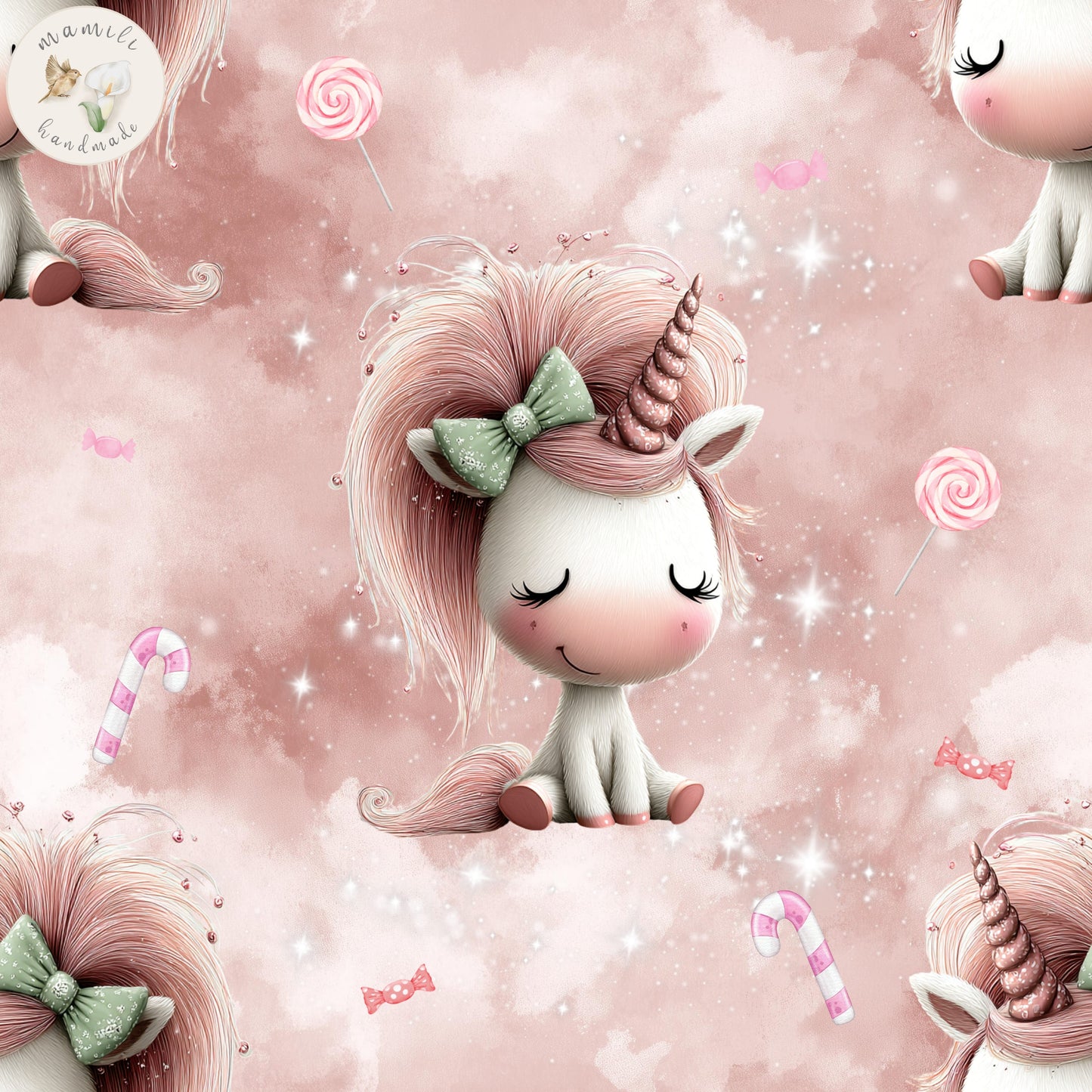 Biostoff mit einem Einhorn und Lollies mit rosa Hintergrund.