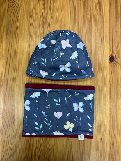 Mütze und Loop Blumen navy | warm gefüttert | Gr. KU 54/55