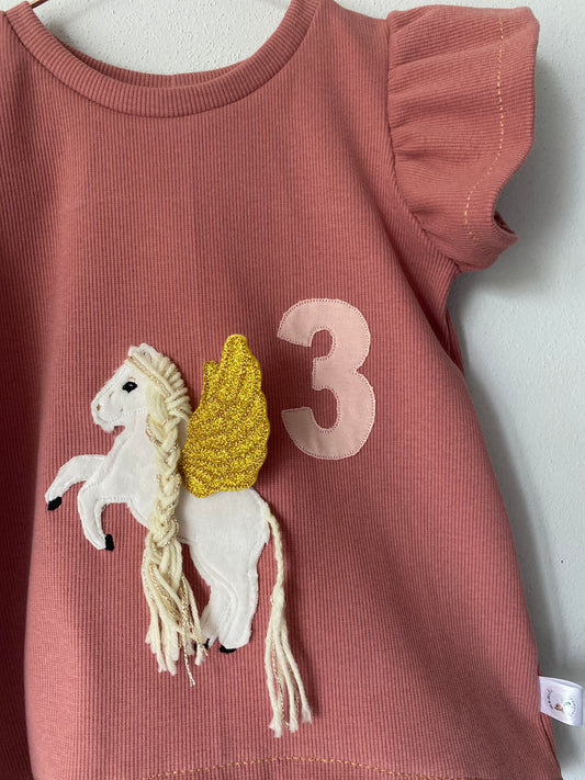Geburtstagsshirt | Stickerei Pegasus | Gr. 62 - 146 | Rib Jersey | rosa