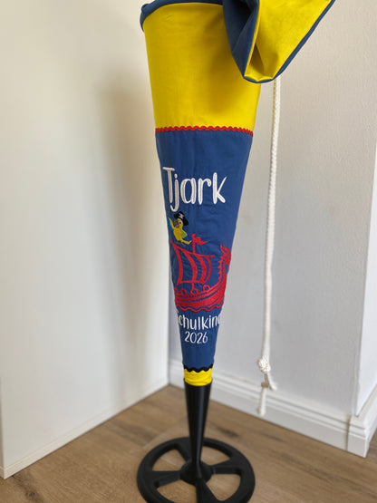 Schultüte Vikinerschiff Papagei - blau gelb - bestickt - mamili handmade