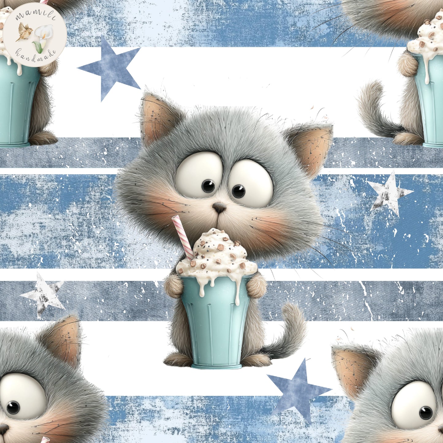 Stoff mit Katze und Milchshake mit blauen Streifen.