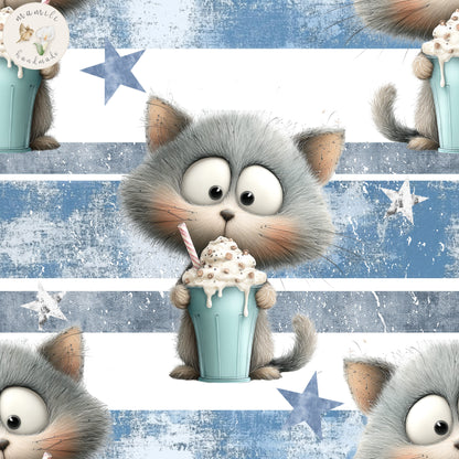 Stoff mit Katze und Milchshake mit blauen Streifen.