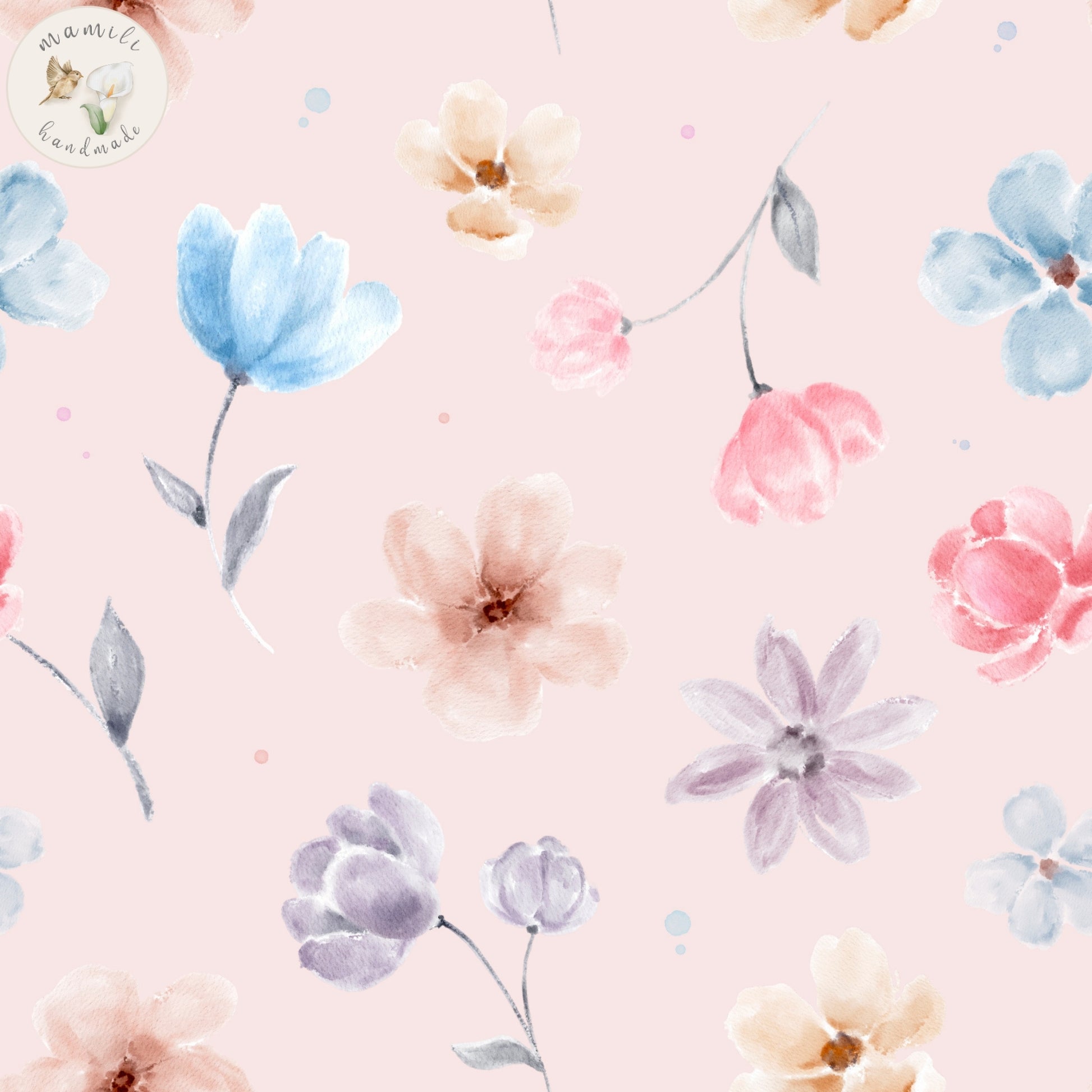 Blumen Stoff mit bunten Blüten auf rosa Hintergrund.
