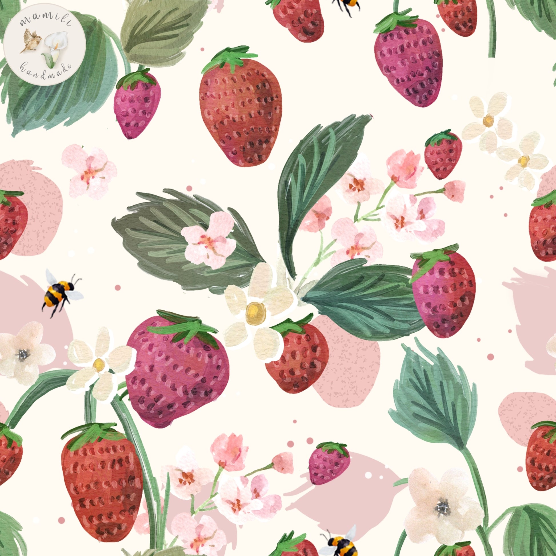 Motivstoff Erdbeeren handgezeichnet.
