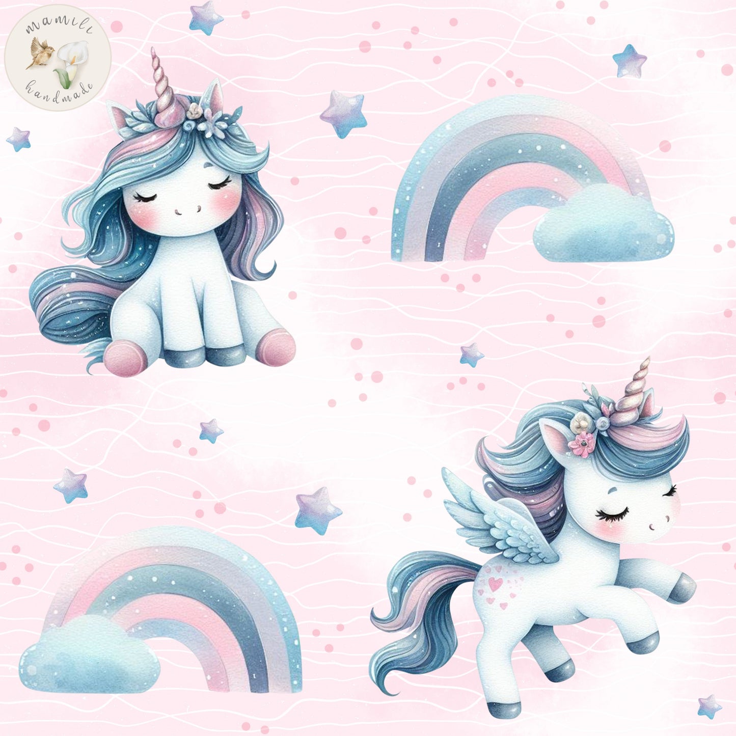 Bio Stoff Einhorn mit Regenbogen und blauer Mähne.