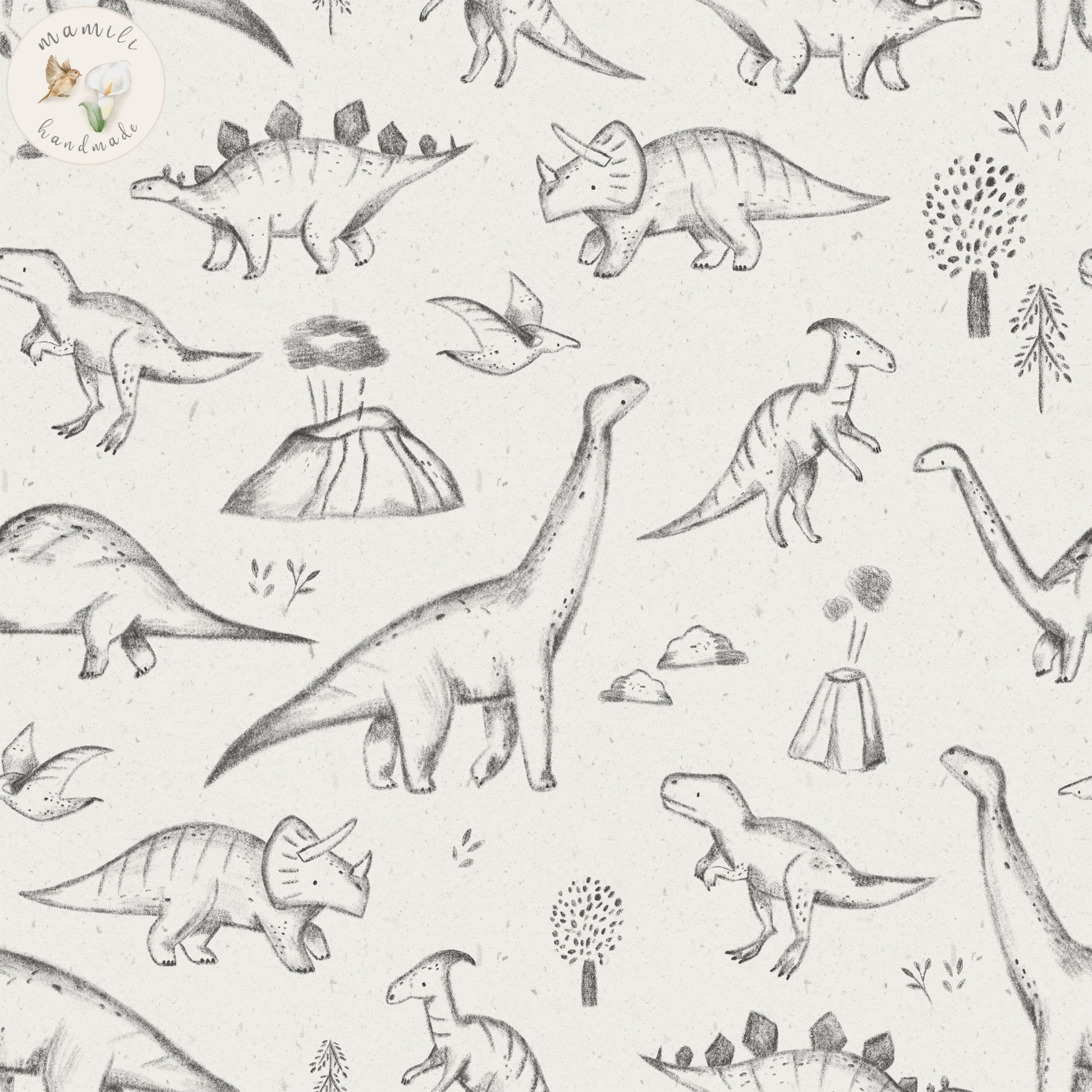 Biostoff mit Dinos auf cremefarbenen Hintergrund. Handgezeichnet.