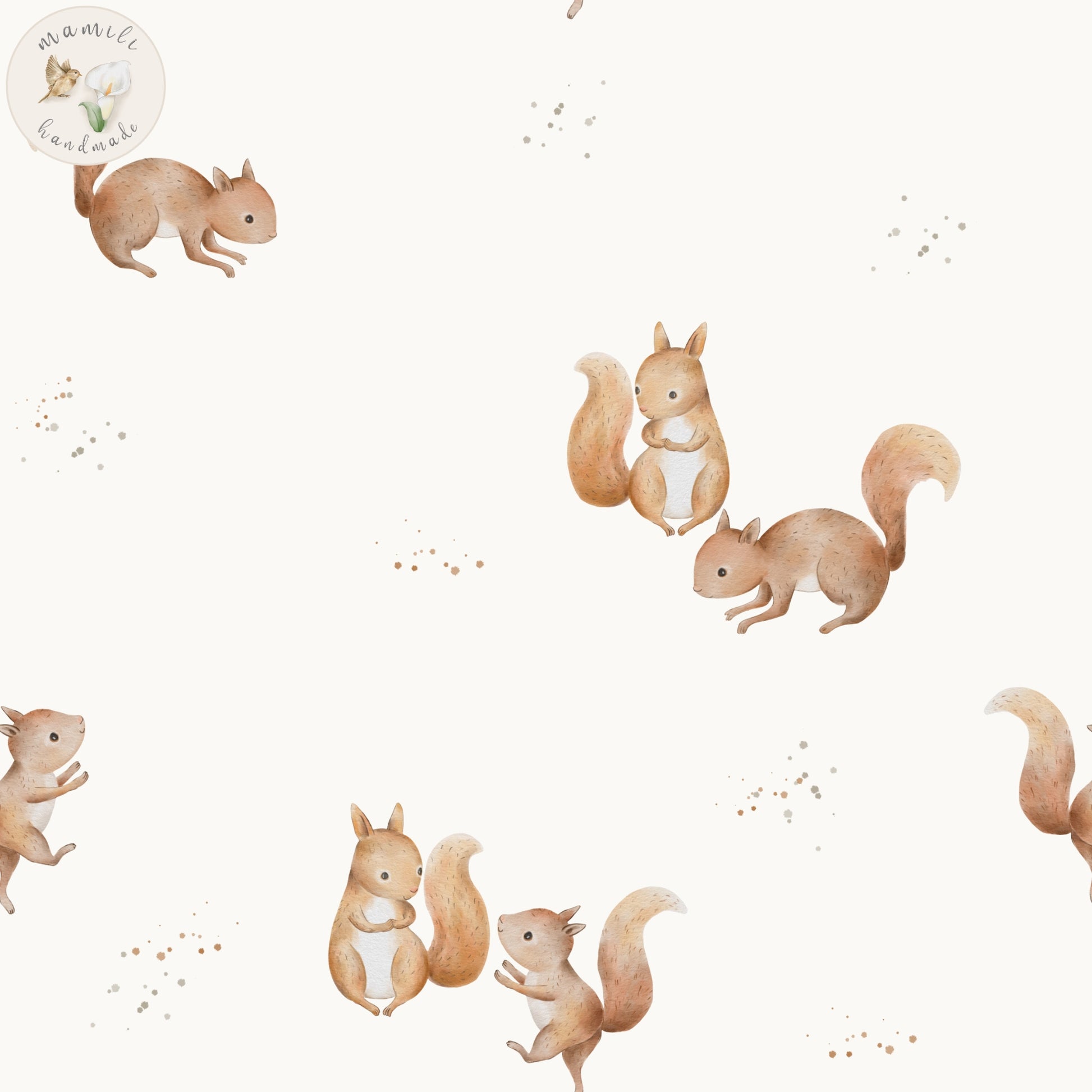 Biostoff mit Eichhörnchen Motiv auf cremefarbenen Hintergrund.