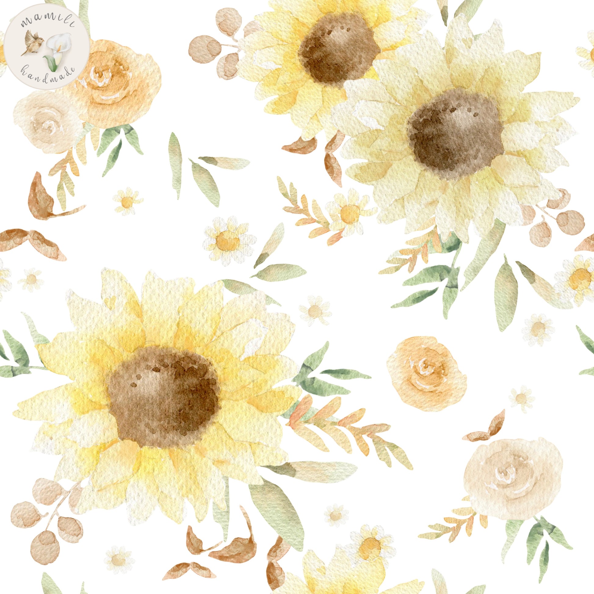 Biostoff mit großem Sonnenblumen Motiv handgezeichnet.