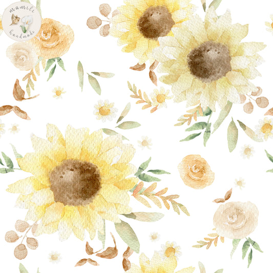 Biostoff mit großem Sonnenblumen Motiv handgezeichnet.