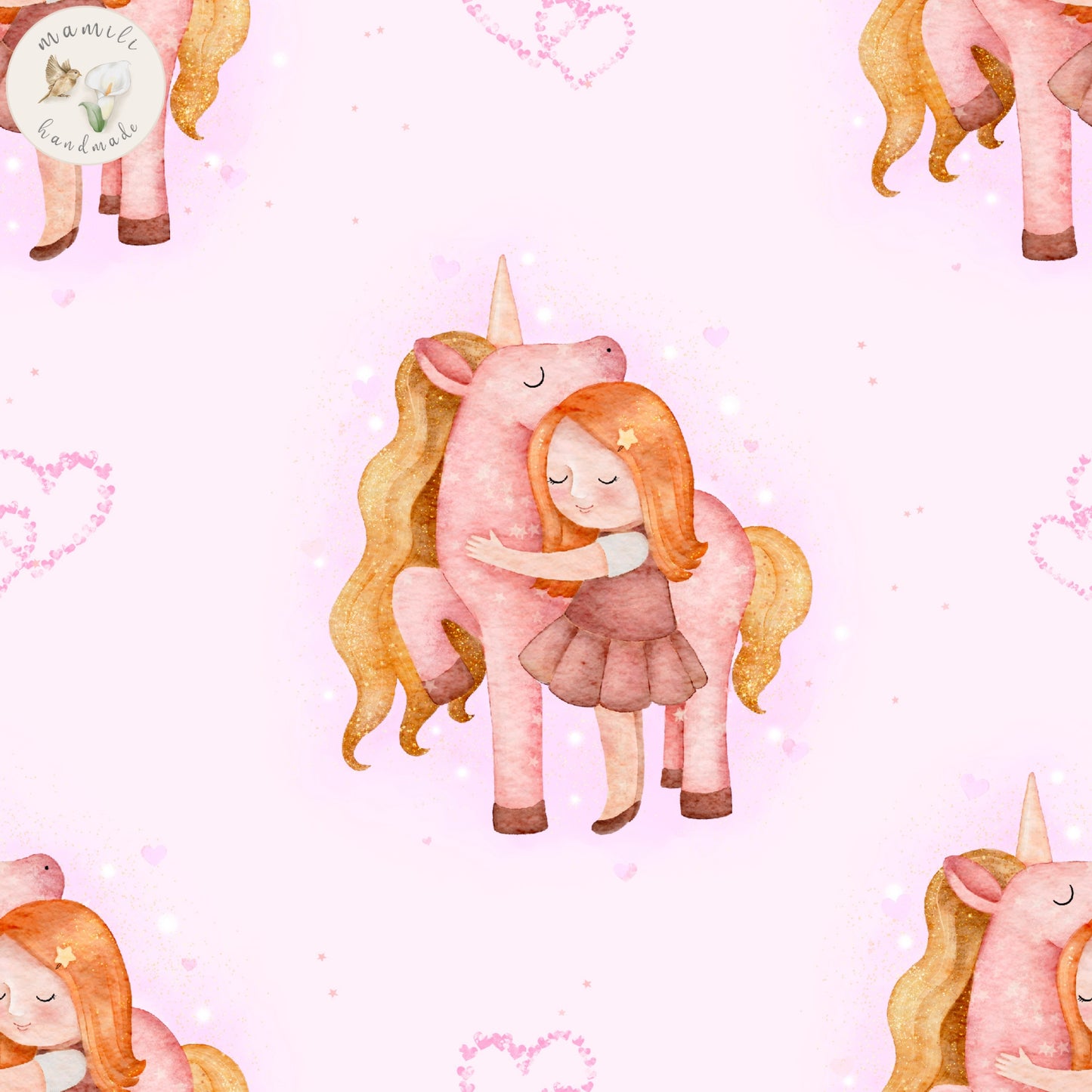 Biostoff Einhorn und Mädchen im rosa Hintergrund.