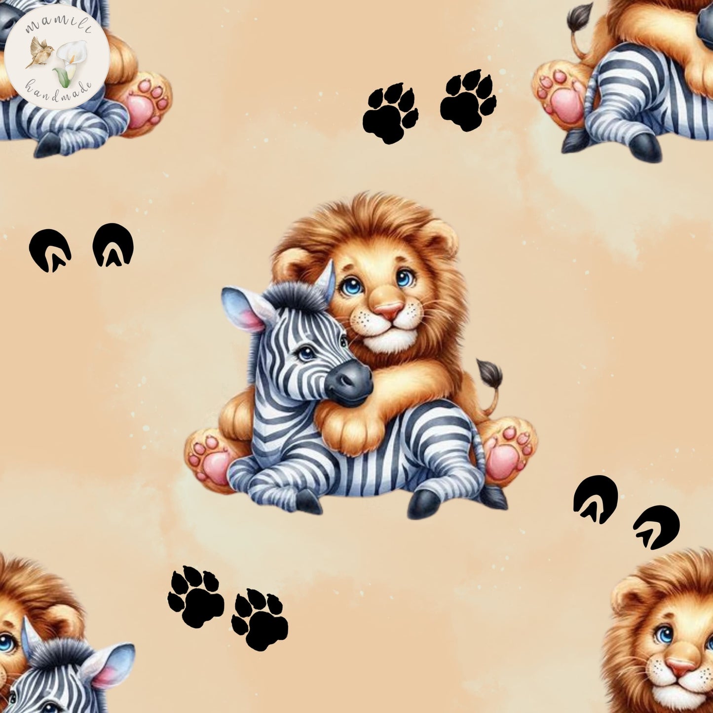 Biostoff Zebra mit Löwe auf beigem Hintergrund.