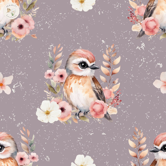 Motivstoff Vogel mit Blumen im Boho Stil.
