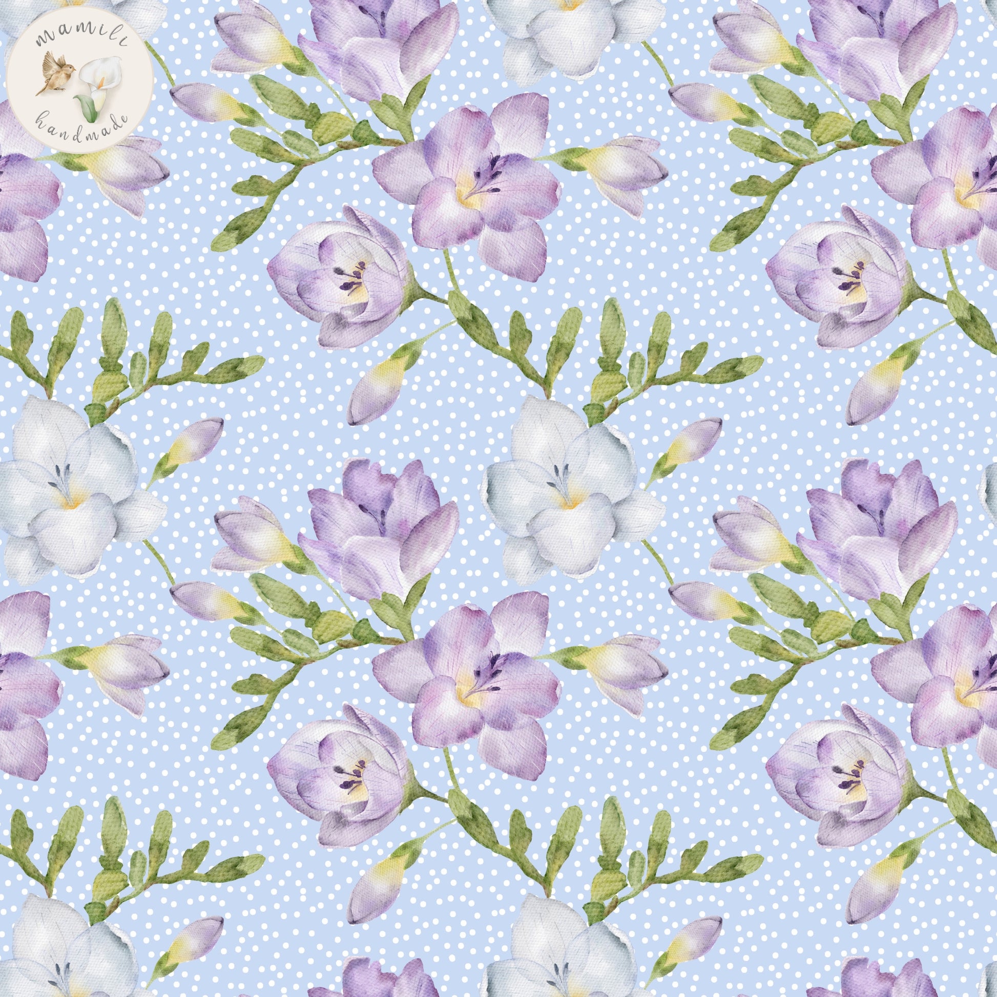 Stoff Floral lilac with blue dots.