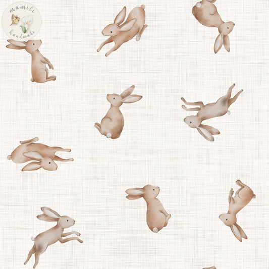 Biostoff mit Hasen auf einem leinenfarbenen Hintergrund.