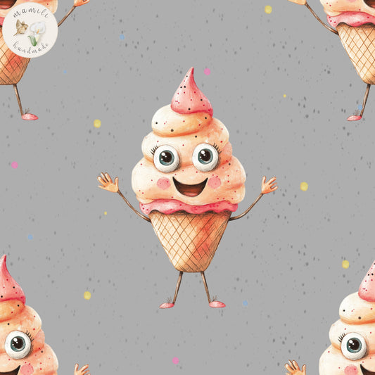 Biostoff Ice Crem auf grauem Hintergrund mit Punkten.