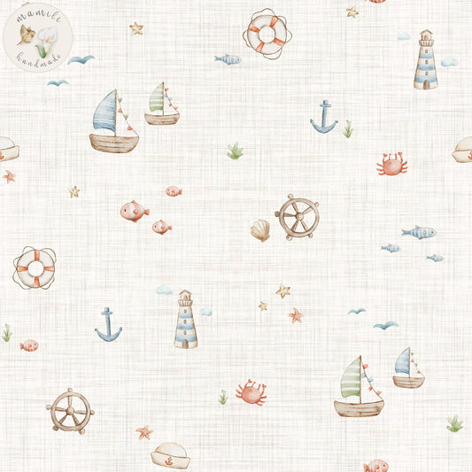 Stoff im Marine Stil auf leinenfarbenen Hintergrund.