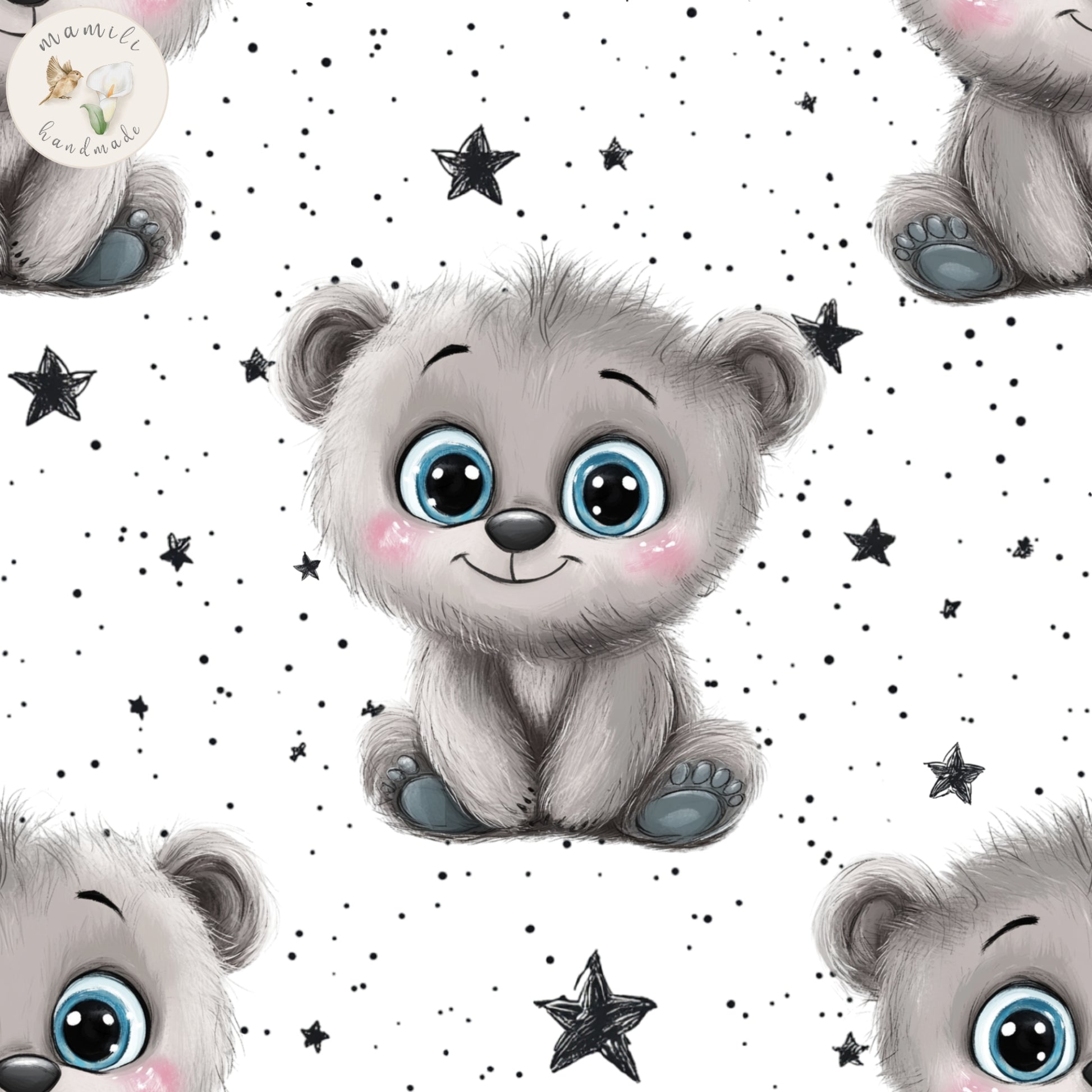 Biostoff Bär mit Sternen und weißem Hintergrund.