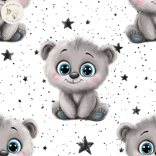 Biostoff Bär mit Sternen und weißem Hintergrund.