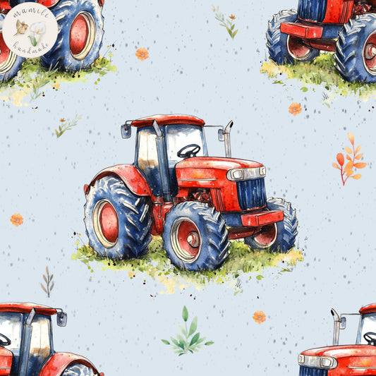 Biostoff roter Traktor auf blau grauem Hintergrund