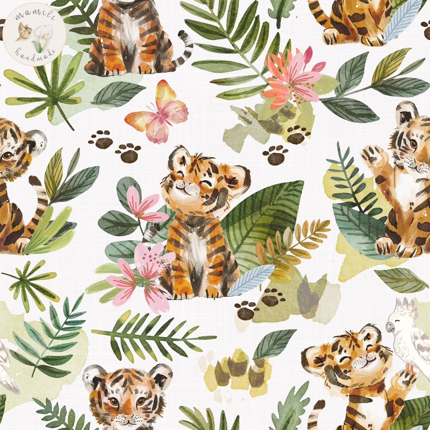 Motivstoff mit Baby Tiger im Dschungel.