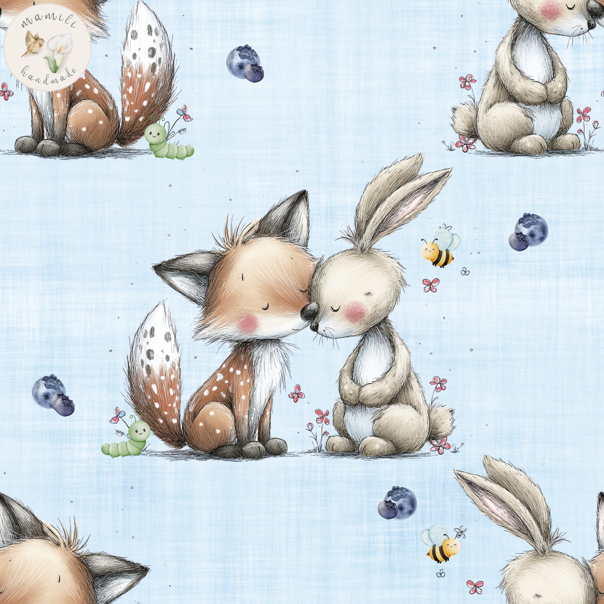 Bio Stoff Fuchs und Hase auf blauem Hintergrund.