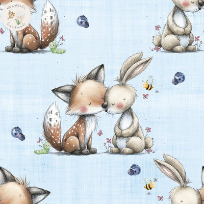 Bio Stoff Fuchs und Hase auf blauem Hintergrund.